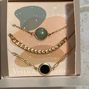 Vertical Collective 3 bracelets Gold Tone Black and Green New
